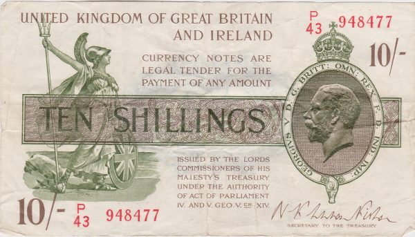T30 Warren Fisher Ten Shillings banknote. This was issued in 1922 with George V on the obverse. Serial Number P over 44 948477.