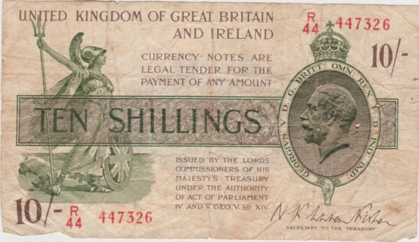 T30 Warren Fisher Ten Shillings banknote. This was issued in 1922 with George V on the obverse. Serial Number R over 44 447326.