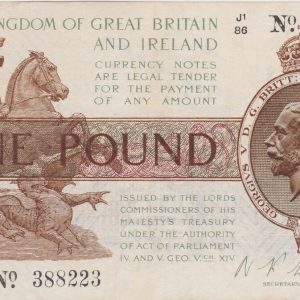 T31 Fisher One Pound Banknote J1 Over 86. The obverse features the portrait of King George V at the right and St. George and Dragon at left.