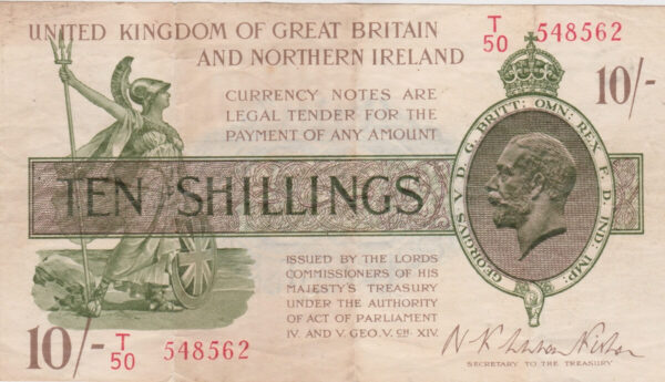 T33 Warren Fisher First Series Ten Shillings banknote. This is the last series 1927 Issue, with Serial Number T over 50 548562.