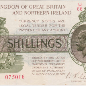 T33 Warren Fisher Ten Shillings banknote. This is the last series 1927 Issue with George V on the obverse and Serial Number U over 66 075016.