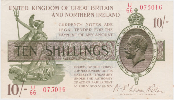 T33 Warren Fisher Ten Shillings banknote. This is the last series 1927 Issue with George V on the obverse and Serial Number U over 66 075016.