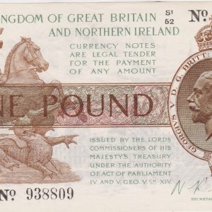 T34 Fisher First Series One Pound banknote. The obverse features the portrait of King George V at the right and St. George and Dragon at left.