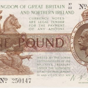 T34 Fisher Last Series One Pound banknote. The obverse features the portrait of King George V at the right and St. George and Dragon at left.