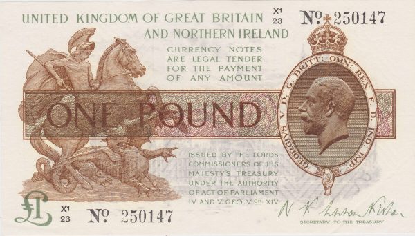 T34 Fisher Last Series One Pound banknote. The obverse features the portrait of King George V at the right and St. George and Dragon at left.