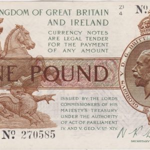 T34 Fisher One Pound banknote. The obverse features the portrait of King George V at the right and St. George and Dragon at left.