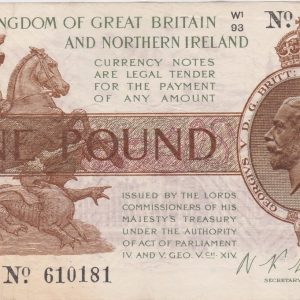 T35 Fisher One Pound banknote. The obverse features the portrait of King George V at the right and St. George and Dragon at left.