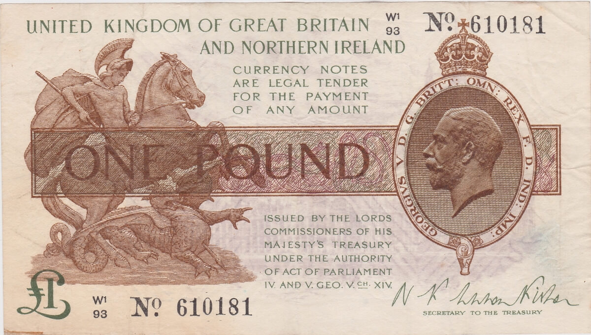 T35 Fisher One Pound banknote. The obverse features the portrait of King George V at the right and St. George and Dragon at left.