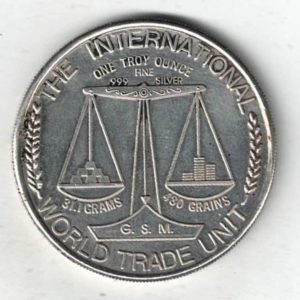 The International World Trade Unit Silver One Ounce Round. All of our silver coins/rounds have been pre-owned and are in stock.