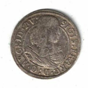 1664 Austria Billon Three Kreuzer Coin. The obverse features Sigismund Francis of Habsburg facing right. The reverse features the coats of arms of Austria. 