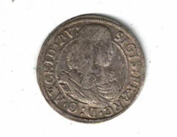 1664 Austria Billon Three Kreuzer Coin. The obverse features Sigismund Francis of Habsburg facing right. The reverse features the coats of arms of Austria. 