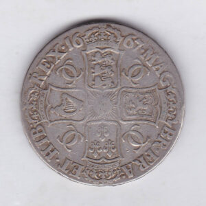 1667 Silver Crown Coin featuring the second bust of King Charles II on the Obverse and the crowned cruciform of shields on the reverse.