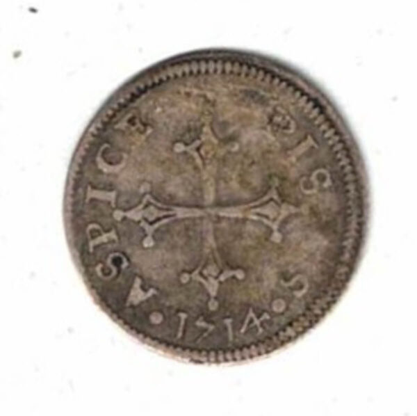 1714 Italy Pisa Silver Half Giulio Coin. The obverse side of this coin features a Pisan Cross. The reverse features the bust of Madonna facing right.