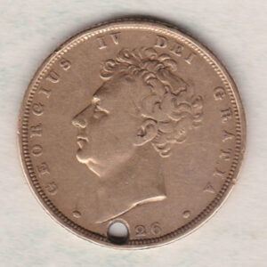 Holed 1826 Gold Sovereign Coin. This gold coin features George IV on the obverse. A crowned shield of arms and mantle, legend around on the reverse.