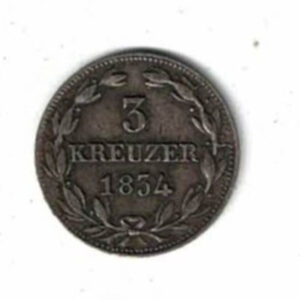 1834 Germany Nassau Billon Three Kreuzer Coin. The obverse features the crowned arms. The reverse features value and date.
