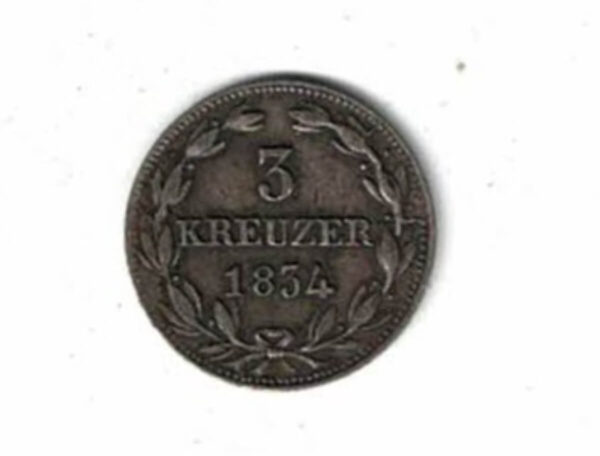 1834 Germany Nassau Billon Three Kreuzer Coin. The obverse features the crowned arms. The reverse features value and date.