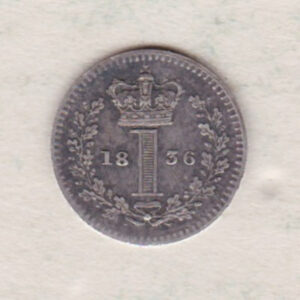 1836 Silver Maundy Penny coin featuring King William IV on the obverse. A central crowned denomination above the date on the reverse.