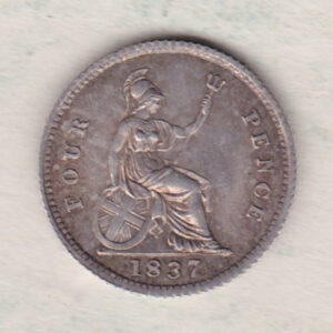 1837 Silver Fourpence Groat coin featuring King William IV on the Obverse. The Britannia, denomination and date are on the reverse.