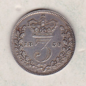 1839 Silver Threepence coin featuring the portrait of Queen Victoria on the Obverse. The Reverse features a crowned denomination dividing the date.