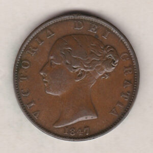 1847 copper halfpenny coin featuring young head Queen Victoria on the Obverse. Britannia seated facing right holding a trident on the Reverse. 