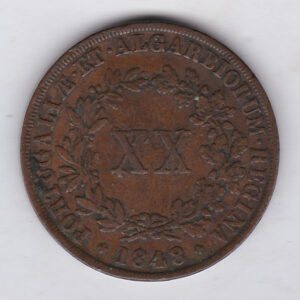 1848 Portugal Copper Twenty Reis Coin. The obverse features a crowned ornate arms. The reverse features the value XX within a wreath.