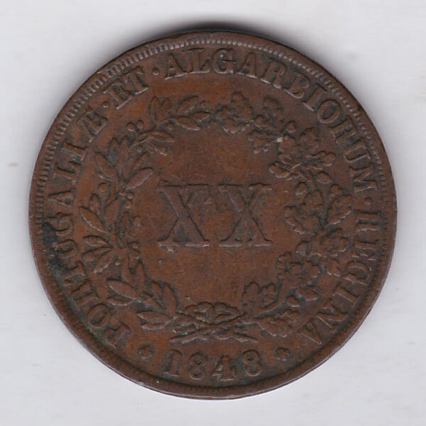 1848 Portugal Copper Twenty Reis Coin. The obverse features a crowned ornate arms. The reverse features the value XX within a wreath.