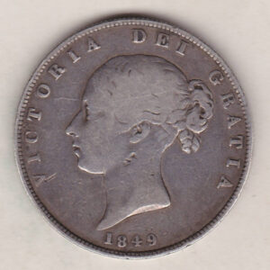 1849 Large Date Silver Halfcrown coin with young head Queen Victoria on the Obverse. Crowned square shield with laurel branches on the Reverse.