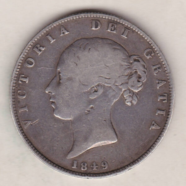 1849 Large Date Silver Halfcrown coin with young head Queen Victoria on the Obverse. Crowned square shield with laurel branches on the Reverse.