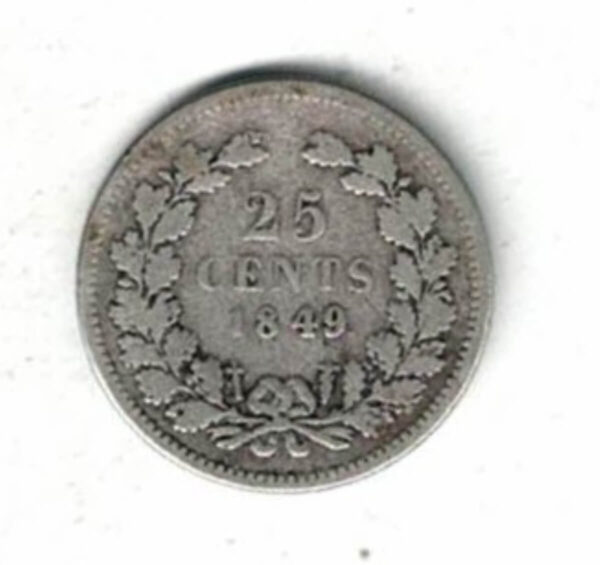 1849 Netherlands Silver Twenty Five Cent Coin. The obverse of this coin features the head of King Willem III facing right left. All coins are in stock.