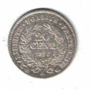 1850 A France Silver Twenty Centimes Coin. The obverse features the bust of the Republic on the left as Ceres, goddess of the harvest.