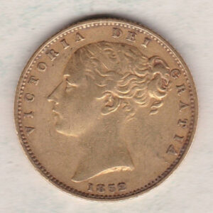 1852 Gold Sovereign Coin. The coin features a young head queen Victoria on the Obverse and the collectable shield design on the Reverse.