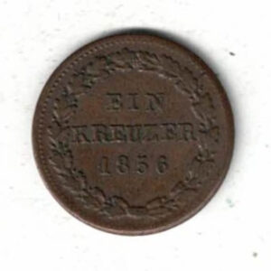1856 Germany Nassau Copper One Kreuzer Coin.  The obverse features the supported coat of arms. The reverse features the denomination within wreath.