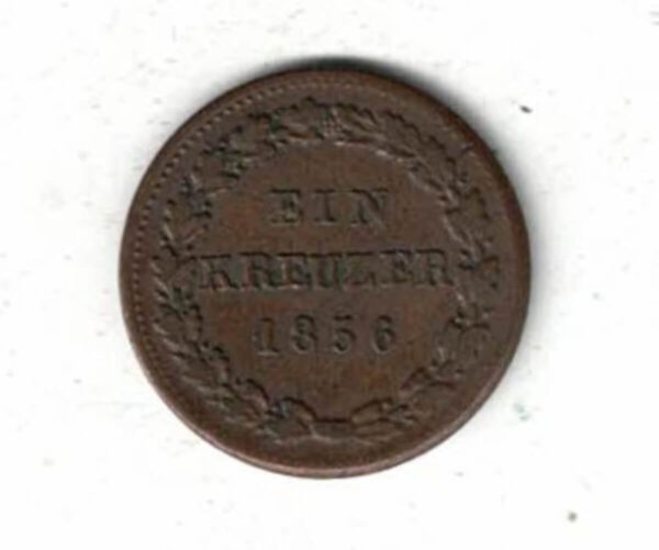 1856 Germany Nassau Copper One Kreuzer Coin.  The obverse features the supported coat of arms. The reverse features the denomination within wreath.