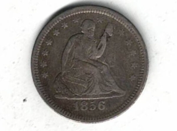 1856 USA Silver Quarter Dollar Coin. The Obverse features a seated liberty looking right above her shoulder. The reverse features an eagle with arrows.