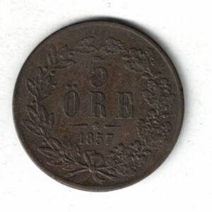 1857 Sweden Bronze Five Ore Coin. The obverse side of this coin features the head of king Oscar I facing left. All coins are in stock.