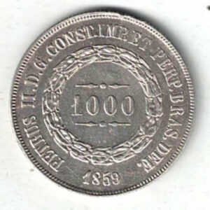 1859 Brazil Silver One Thousand Reis Coin. The obverse features the value within circle. The reverse features the Brazilian Empire coat of arms.