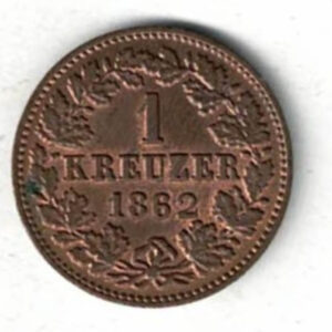 1862 Germany Nassau Copper One Kreuzer Coin.  The obverse features the supported coat of arms. The reverse features the denomination within wreath.