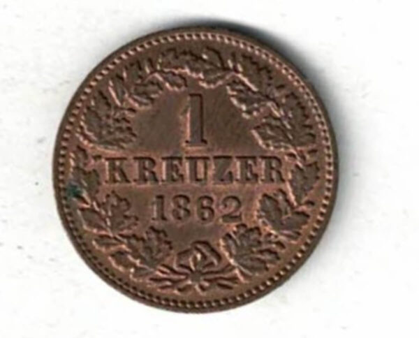 1862 Germany Nassau Copper One Kreuzer Coin.  The obverse features the supported coat of arms. The reverse features the denomination within wreath.