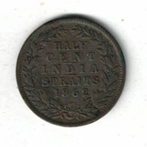 1862 Straits Settlements Copper Half Cent Coin. The obverse features the bust of Queen Victoria facing left. All coins are in stock.