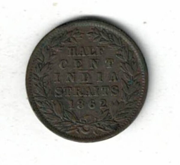 1862 Straits Settlements Copper Half Cent Coin. The obverse features the bust of Queen Victoria facing left. All coins are in stock.