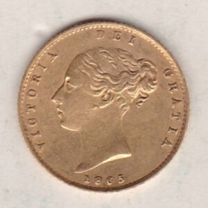 1865 Gold Half Sovereign Coin featuring Queen Victoria Young Head on the Obverse and the shield design on the Reverse with die number 9.