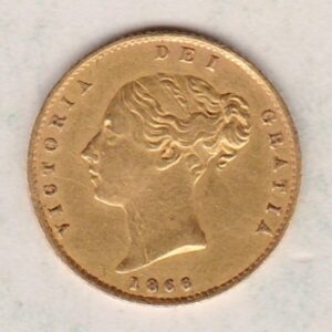 1866 Gold Half Sovereign Coin featuring Queen Victoria Young Head on the Obverse and the shield design on the Reverse with die number 14.