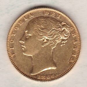 1866 Gold Sovereign Coin. Die number 6. The coin features a young head queen Victoria on the Obverse and the collectable shield design on the Reverse.
