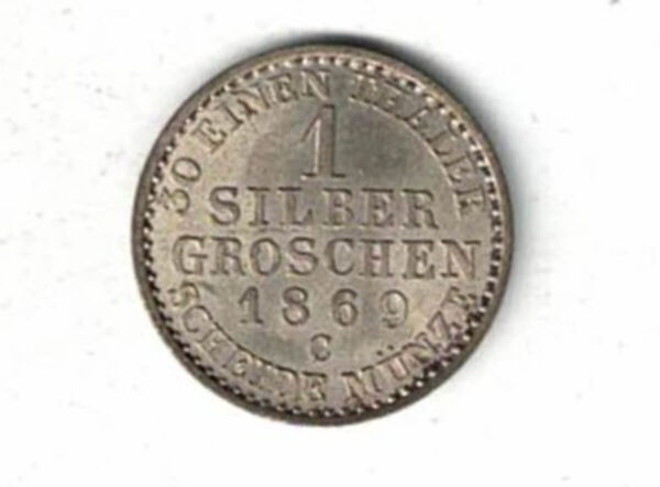 1869 C Germany Prussia Billon One Silbergroschen Coin. The obverse features the portrait of Wilhelm I facing right. The reverse features the value, date.