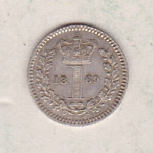 1869 Silver Maundy Penny coin featuring Queen Victoria on the obverse. A central crowned denomination above the date on the reverse.