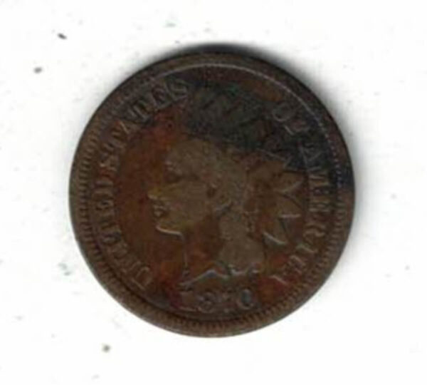 1870 USA Bronze One Cent Coin. The Obverse features a liberty with Indian headdress. The reverse features a shield and wreath with lettering.