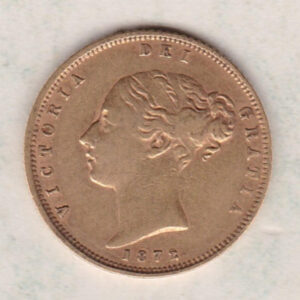 1872 Gold Half Sovereign Coin featuring Queen Victoria Young Head on the Obverse and the shield design on the Reverse with die number 323.