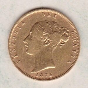 1875 Gold Half Sovereign Coin featuring Queen Victoria Young Head on the Obverse and the shield design on the Reverse with die number 3.