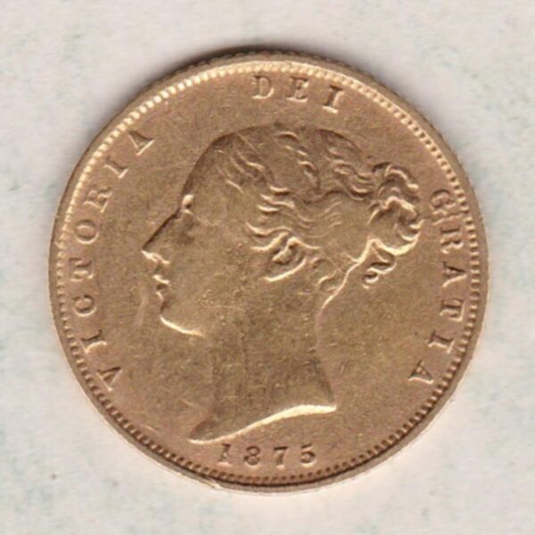 1875 Gold Half Sovereign Coin featuring Queen Victoria Young Head on the Obverse and the shield design on the Reverse with die number 3.