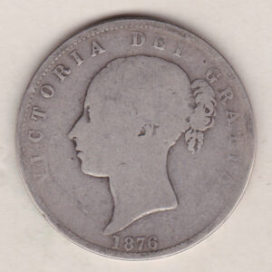 1876 Silver Halfcrown coin with young head Queen Victoria on the Obverse. Crowned square shield with laurel branches on the Reverse.